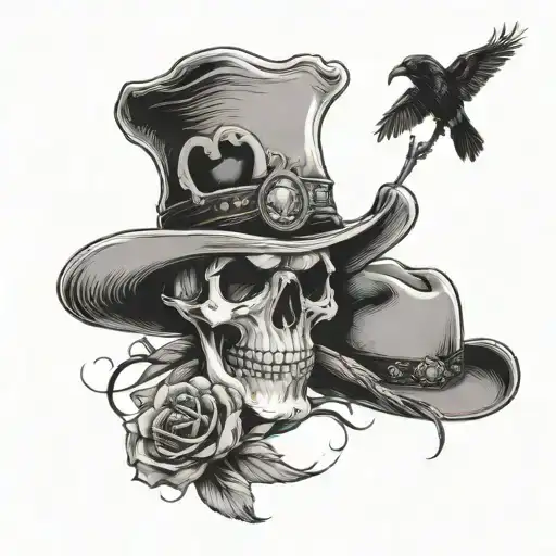 Skull With A Cowboy Hat On And Raven Standing On It