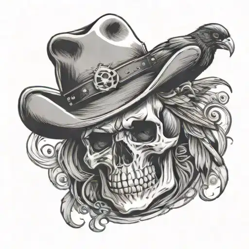 Skull With Cowboy Hat On And Raven Sitting On It