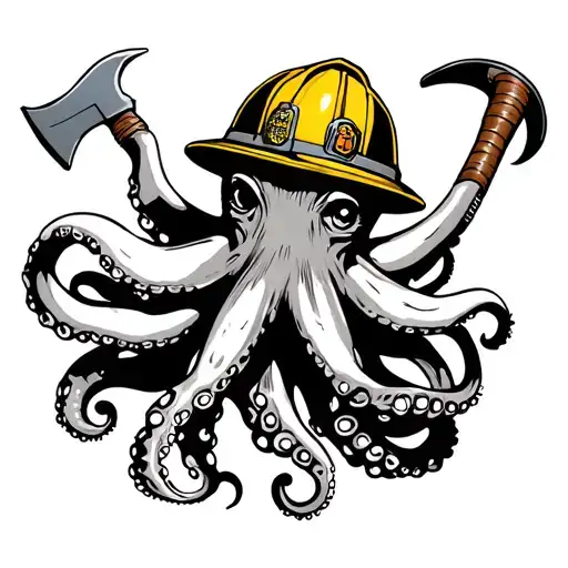 Octopus With Fireman's Helmet Holding A Halligan And A Fireman's Axe