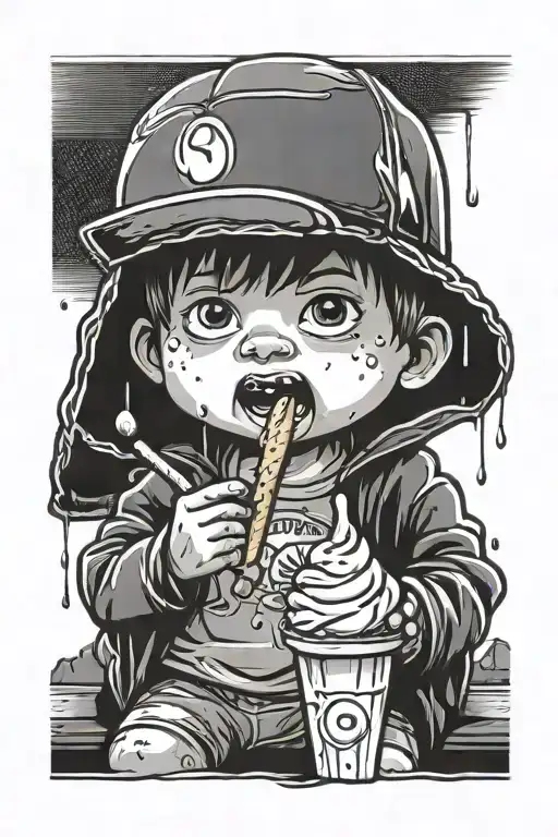 Cartoon Boy Backwards Hat Eating Ice Cream In The Rain