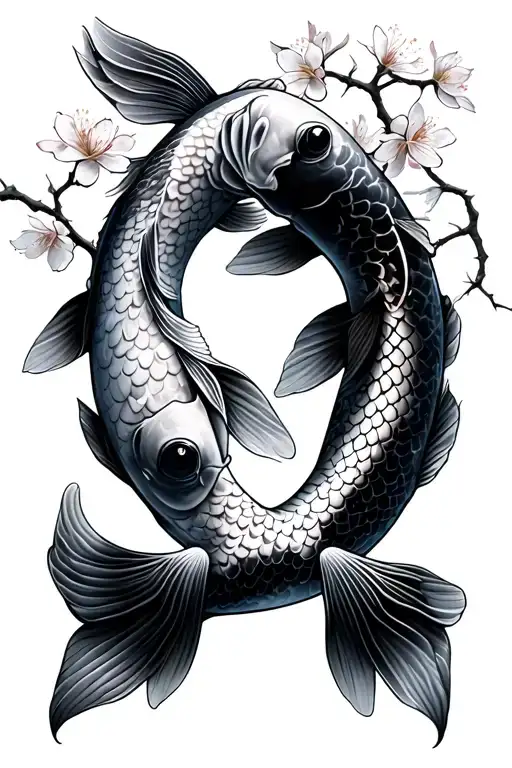 Koi Fishes Cherry Blossom Tree