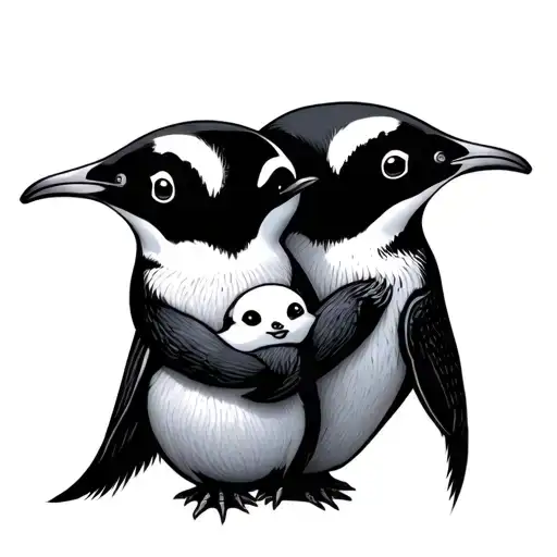 Women Penguin Holding Each Other With A Baby