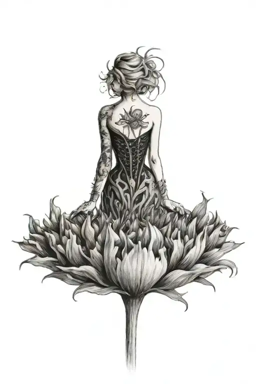 A Tulip Morphing Into A Thistle With A Female Figure In The Background