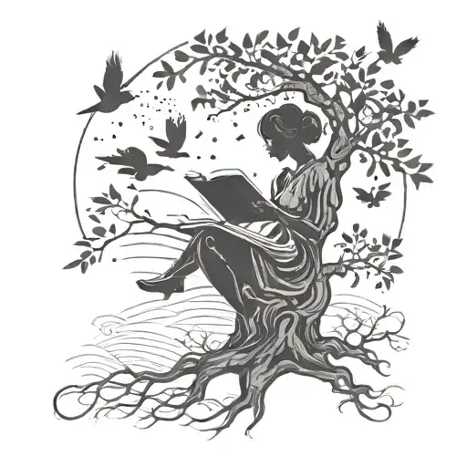 A Silhouette Of A Strong Woman Reading A Book Under A Tree With Birds Singing Musical Notes