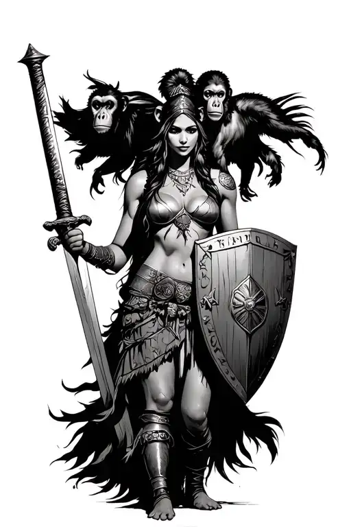 Amazonian Warrior Woman With Monkey On Shoulder Holding With Sword And Shield