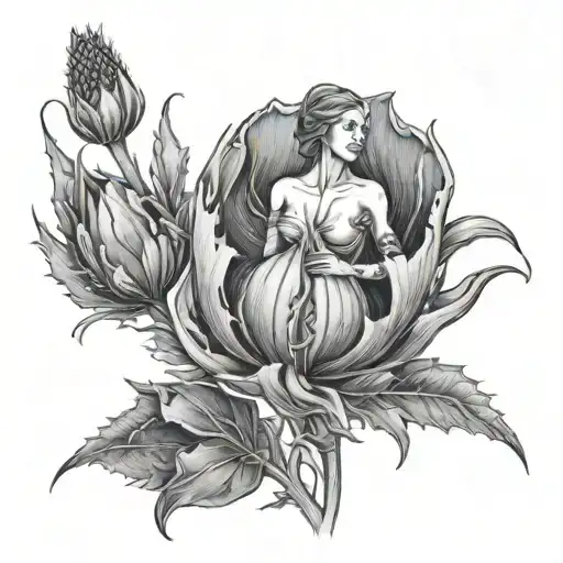 A Tulip Morphing Into A Thistle With A Female Figure In The Background