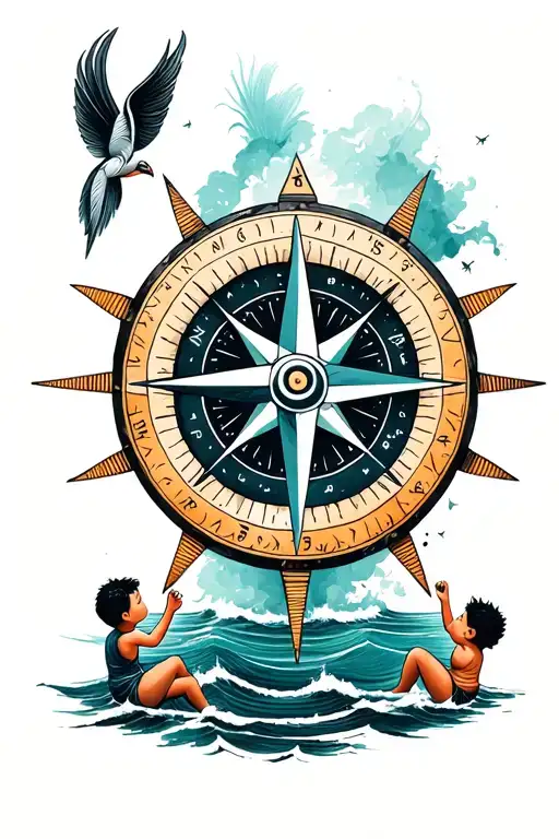 Compass Rose With Ocean Background And Kids Playing