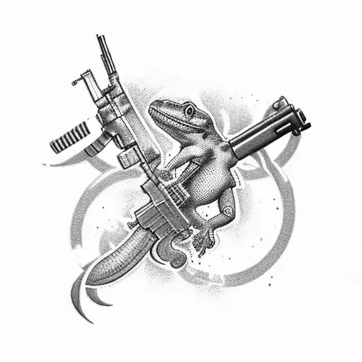Design A Black-grey Tattoo Showcasing A Gun And Game Elements Intertwined With A Lizard