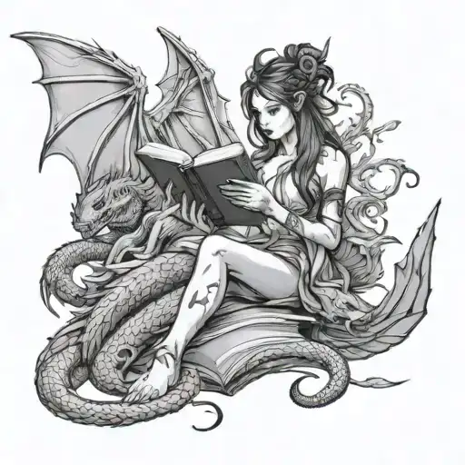 High Fae Woman Reading A Book With Multiple Dragons In The Background