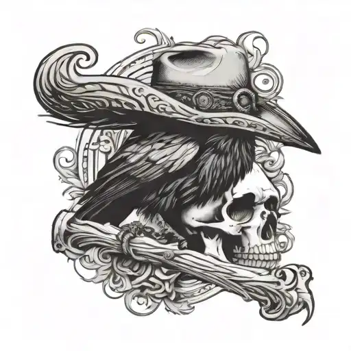 Raven Sitting On A Skull With A Cowboy Hat On