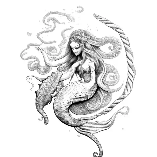 Mermaid With Long Wavy Hair And Seahorse