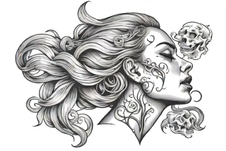 Neck Tattoo Of Woman's Face Crying With Hair Blowing And A Skull Surrounded By Arches
