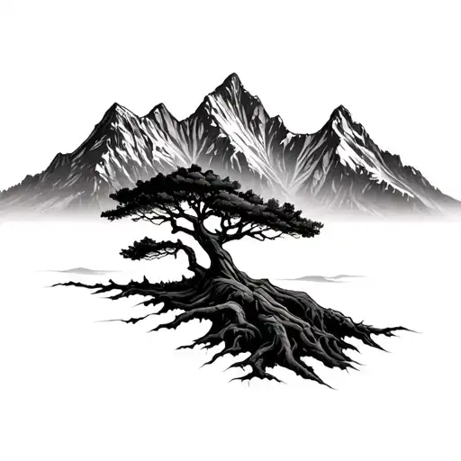 Mountain Range With A Deep Rooted Tree At The Base