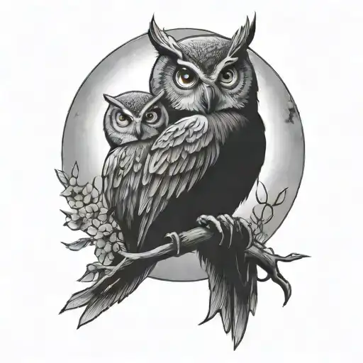 Cresant Moon With A Big And Little Owl Sitting On The Inside