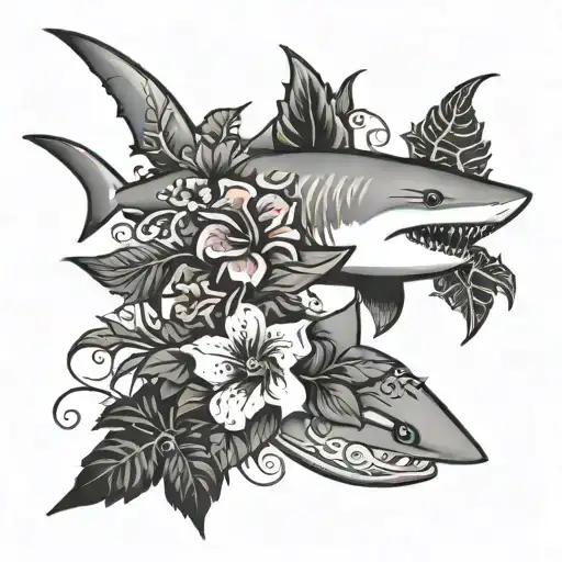 Tribal Shark With Hibiscus Flower And Holly And Ivy