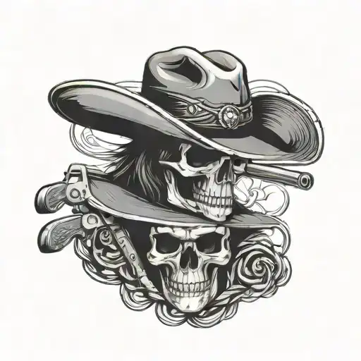 A Skull With A Cowboy Hat On With A Revolver Next To It And A Raven Sitting On Top Of The Hat