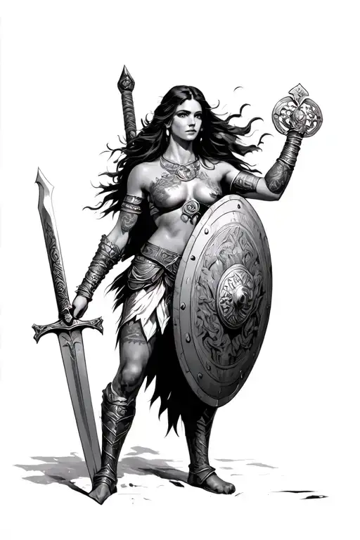 Amazonian Warrior Woman Holding A Sword And Shield With Abe