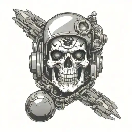 A Skull Morphing Into A Robotic Skull With Military Insignias And Futuristic Elements