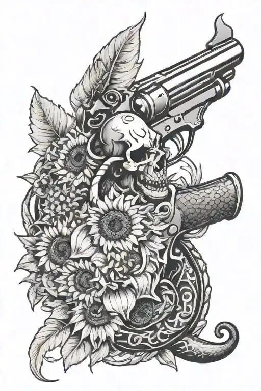 Bull Horn With Sunflowers With A Shotgun Intertwined With A Snake