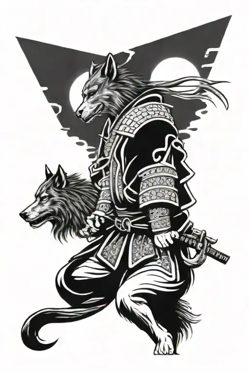 Samurai With Big Wolf Howling At The Moon