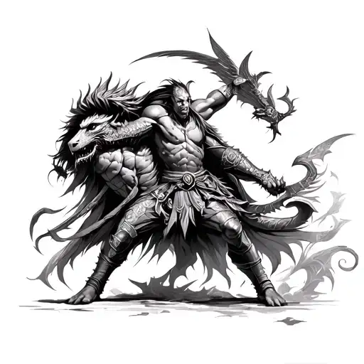 Warrior Battling Mythical Creatures