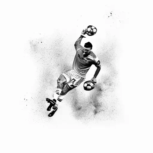 A Black And Grey Tattoo Of Cristiano Ronaldo Lifting The Champions League Trophy