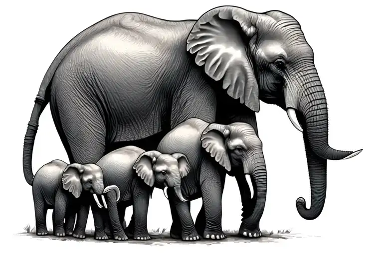 Mother Elephant And Four Baby Elephants Walking