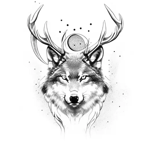 Stag With A Wolf And A Crescent Moon