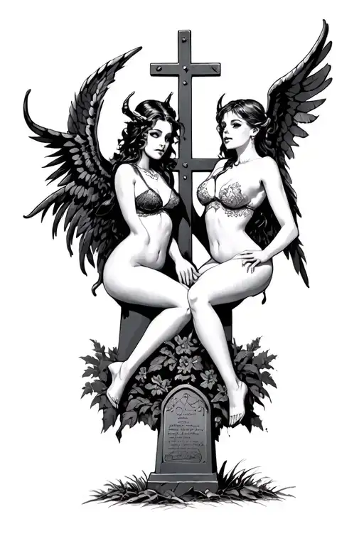 Pin Up Stile Demon Girl And Angel Girl Sitting On A Steel Cross With A Grave Yard In The Foreground