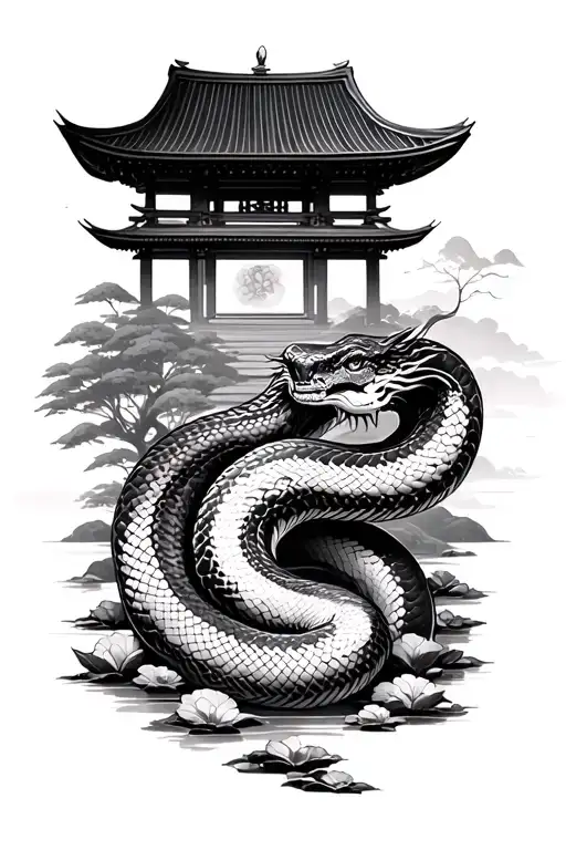 Japanese Temple Garden With Snake