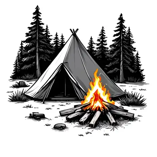 Camping Scene With A Tent And Campfire Scene
