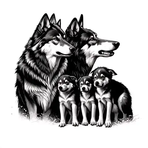 Mom And Dad Wolf With 4 Pups Howling