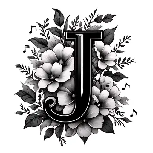 Letter J With Music Notes And Flowers