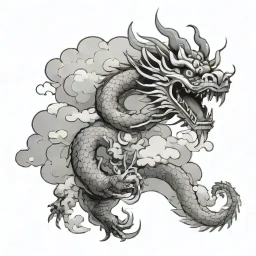Japanese Dragon Flying In Clouds