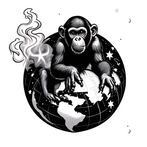 Monkey Sitting On A Globe Smoking With Stars Forming