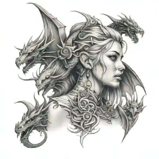 High Fae Woman Looking Forward With Multiple Dragons In The Background