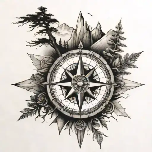 Compass Rose With Upper Half Covered With Mountains And Trees In The Foreground