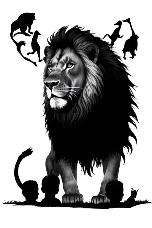 Realistic Lion Overlooking Silhouette Of 3 Kids