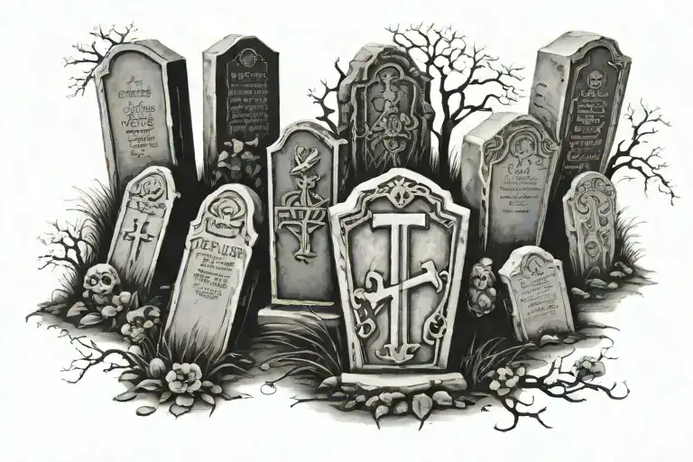 Seven Headstones On A Hillside Each Representing A Different Deadly Sin