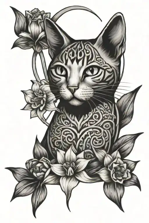 Cat And Daffodil Flowers With Celtic Knot In The Backgrounds