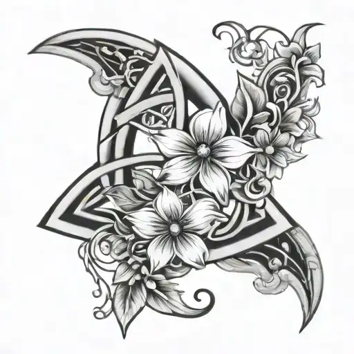 Triquetra Tattoo With Half Moon Flowers Growing