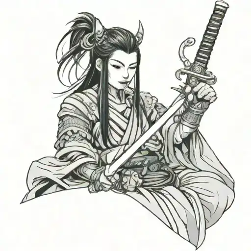 Ronin Girl Holding Sword And A Mask