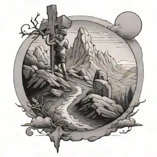 Kid Walking Through Mountains Towards A Cross In The Ground With An Eye Acting As The Sun