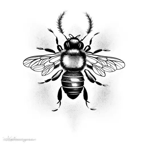 A Black And Grey Tattoo Of A Bee Surrounded By Delicate Flowers