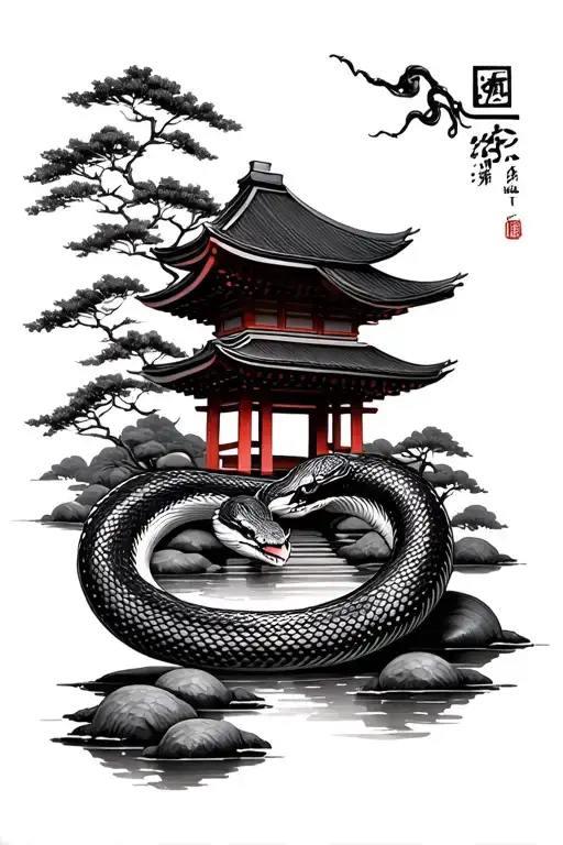 Japanese Temple Garden With Snake