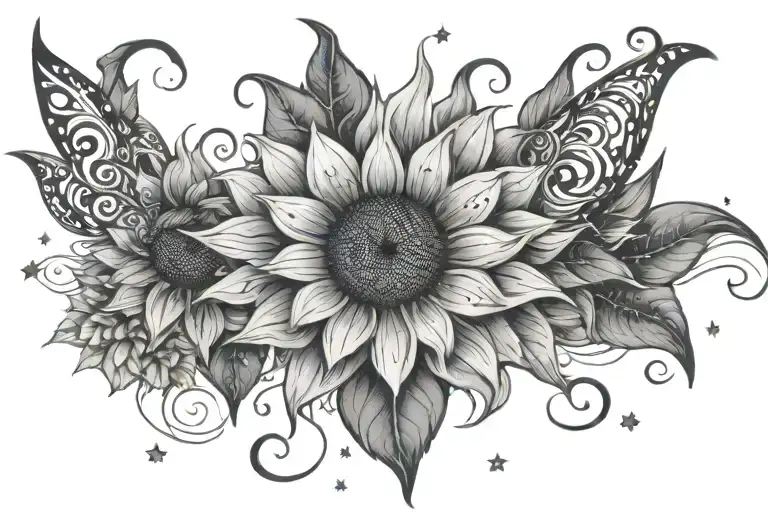Sunflower Surrounded By Stars And Music Note Intertwined