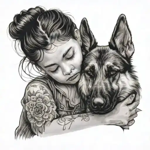 Young Mexican Girl With Thick Eye Lashes Hugging A German Shepard Puppy With Her Eyes Closed And Sad