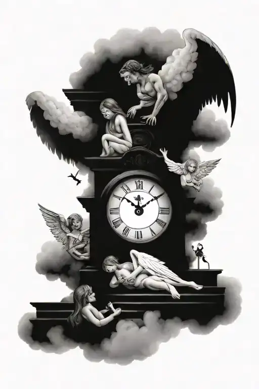 Family At The Base Of The Stairs With Cloud Clock And An Angel