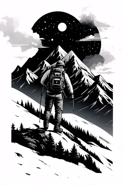 Hiker In The Mountains With Outer Space In The Sky