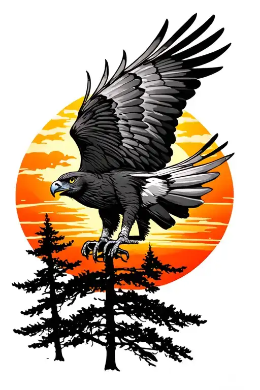 Hawk Flying Through Trees Colors Sunset